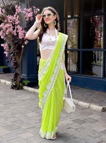Women's Georgette Embroidery Border Work Designer Saree With Blouse Piece(Mint Green) - Mint Green - View 2