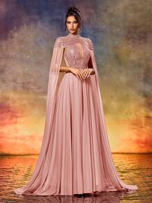 Váy dài tay bằng vải tuyn sequin thanh lịch cho những dịp trang trọng, váy dạ hội thanh lịch, cho khách dự tiệc cưới, tốt nghiệp, tiệc tối - Bụi hồng - Xem 1