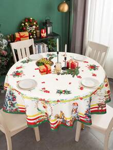 1Pc Christmas Theme Polyester Tablecloth,Round Diameter 150cm,Christmas Decor Tablecloth,Christmas Tree Snowman Reindeer Pattern Holiday Table Cover,Merry Christmas,Christmas Decoration For Home,Christmas Holiday Table Center Decor,Christmas Party Supplies,Christmas Gift,Holiday Party Favor,Xmas Decor
