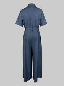 2025 New Women's Casual One Pieces Denim Jumpsuits V-Neck Short Sleeves Tied Waist With Pockets High Waisted Wide Leg Streetwear Rompers Summer Outfits For Woman - 藍色 - 查看 3