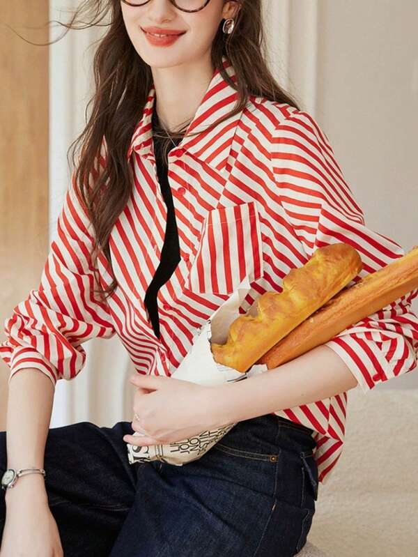 1pc Women's Autumn Clothing, Striped Contrast Color Button Down Shirt, Polyester Long Sleeve Blouse With Pockets, Elegant Ladies Casual Shirt For Spring/Autumn, Favored For Outings And Halloween Costumes