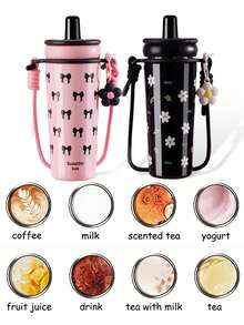 1个720毫升/25.34盎司不锈钢带盖吸管杯，美观大方，大容量便携水杯，便携式旅行咖啡杯，外观时尚便携水杯，可爱少女款，旅行杯，防漏保温水瓶，便携式水杯，保温水壶，泡茶水杯 - 彩色 - 查看 10