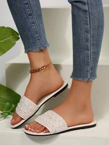 Sandal Wanita Terbaru 2025, Hak Persegi Datar Ujung Bulat Berhiaskan Berlian Imitasi dan Mutiara, Sandal Kasual Mewah Ukuran Besar, Serbaguna & Anti Selip, Cocok untuk Pakaian Musim Semi dan Musim Panas - Krem - View 2