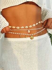 3pcs Multilayer Bohemian Beach Style Pearl Starfish Beaded Waist Chain, Beach Body Jewelry Chain For Women - 彩色 - 查看 3