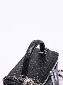 1 pièce Sac carré de mode en PU matelassé avec couture en diamant, motif jacquard gaufré de couleur unie. Sac à fermeture éclair polyvalent et élégant. Sac à main pour femme avec bandoulière en chaîne, matériel en cuivre réglable - Noir - Voir 7