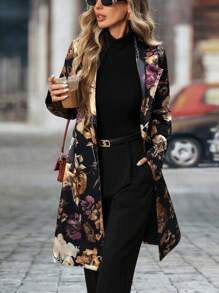 Women's Retro Floral Print Long Sleeve Blazer Jacket With Mandarin Collar, Black Base, Spring/Autumn - Multicolor - View 5