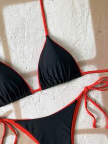 2pcs/Set Women Leopard Print Spaghetti Strap Tie Sexy Bikini Set, Suitable For Beach Vacation And Halloween Wear, Summer 2025 - Black and Red Brocade - View 4