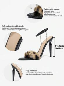 女士高跟鞋，适合春夏晚宴、户外活动、时尚社交聚会，电镀尖头细高跟，饰以闪亮金属链，高品质石纹材质搭配豹纹毛皮，可调节踝带，优雅黑色正式高跟凉鞋，适合舞会和派对 - 黑色 - 查看 4