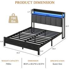 LED Bed Frame With Storage Headboard, Upholstered Bed Frame With Charging Station, Metal Platform Bed Frame With Heavy Duty Metal Slats, No Box Spring Needed, Easy Assembly, Black/ White/ Beige - 黑色 - 查看 9