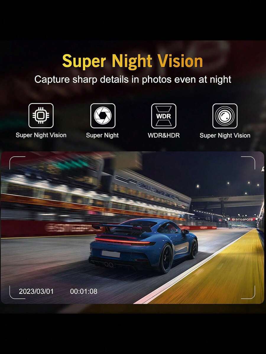 三通道行车记录仪，前后双录，1080P全高清，配备128GB SD卡，3英寸IPS屏幕，夜视功能，170°广角，WDR宽动态范围，24小时停车监控，150mAh电池