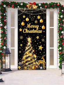 1 bandeira decorativa de porta com tema natalino, 78 x 156 cm, estilo retrô plano 2D, tema de boneco de neve, tema de Papai Noel entregando presentes, bandeira de porta de poliéster "Feliz Natal", capa de porta de Natal, adequada para decoração de entrada de feriados de Natal, decoração de casa e quintal de inverno, bandeira de festival de Natal - Multicolorido - Ver 6
