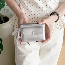 银色裂纹皮革仿珍珠吊坠短款钱包简约双折拉链开合多卡位皮革钱包女士钱包迷你钱包钱包秋季小钱包可爱钱包秋季腕带钱包 - 彩色 - 查看 6