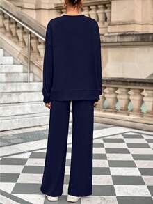 Women Fall 2 Piece Sweatsuit Set  Drawstring Wide Leg Jogger Sweatpants Loose Matching Lounge Sets Sport Airport Tracksuit Outfits - Màu xanh hải quân - Xem 2