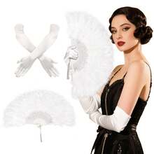 2/3 件套 1920 年代复古女郎配饰套装 - 羽毛扇、发带和手套，适合复古婚礼、舞蹈服装和配饰（黑色） - 彩色 - 查看 3