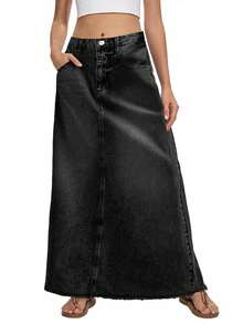 Women's Vintage Denim Maxi Skirt High Waisted A-Line Long Jean Skirt With Frayed Hem And Pockets - 黑色 - 查看 4