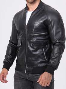 男士鳄鱼纹多拉链口袋棒球领摩托车休闲户外夹克，情侣款时尚休闲摩托车夹克，骑行和户外活动防风外套