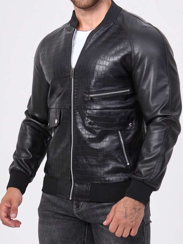 Men's Crocodile Print Multi-Zipper Pocket Baseball Collar Motorcycle Casual Outdoor Jacket, Couple Style Fashionable Casual Motorcycle Jacket, Windproof Outerwear For Riding And Outdoor Activities