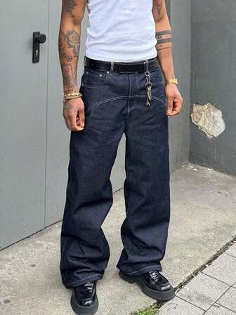 大码男士拼接直筒宽松休闲牛仔裤