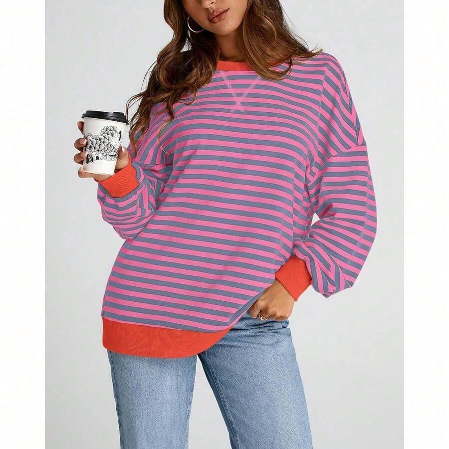 Womens Oversized Striped Sweatshirt Crewneck Long Sleeve Pullover Top Casual Y2K Spring Clothes 2026 Workout Shirt,Vacation Outfits Women,Valentine Outfits For Women,Street Photography - 玫紅色 灰色 藍色 - 查看 1