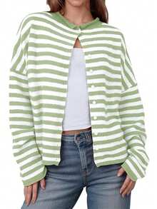 Casual Round Neck Striped Knit Cardigan For Women Long Sleeve Regular Fit Button Details Medium Stretch - 綠色 - 查看 1