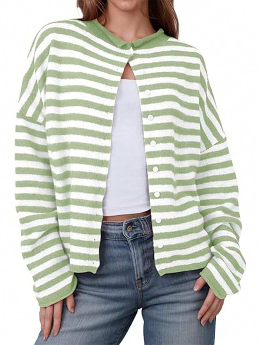 Casual Round Neck Striped Knit Cardigan For Women Long Sleeve Regular Fit Button Details Medium Stretch - 綠色 - 查看 1