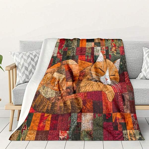 1PC Vintage Cat. Patchwork. Printed Flannel Blanket, Machine Washable, Soft, Warm, Portable, Suitable For Beds, Travel, Camping, Bedrooms, Living Rooms, Home Decor, Offices, Sofas Or Chairs, Perfect For Office Nap Carpets, Air Conditioning Leisure Carpets, Family Vacation Gift Mats, Outdoor Sand Beds