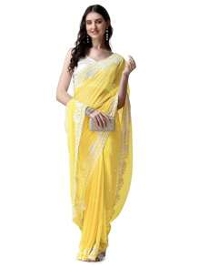 Women's Georgette Embroidery Border Work Designer Saree With Blouse Piece(Yellow) - Yellow - View 1