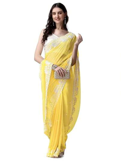 Women's Georgette Embroidery Border Work Designer Saree With Blouse Piece(Yellow)