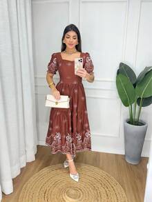 Women's Elegant Printed Midi Dress All-Over Print Floral Leaf Fabric Ruched Embroidery Daily Dress SUMMER - Rust Brown - View 2