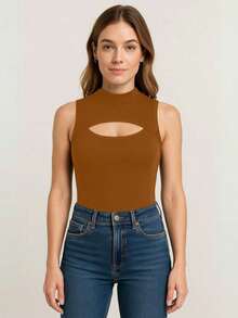 Women's Bodysuit With High Neck And Cutouts, Ideal For Summer Use - 鏽棕色 - 查看 2