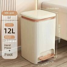 Senmeo [Light Luxury Style Dual-Opening Trash Can], 14L Large Capacity, Hand-Press + Foot-Pedal Dual Opening, Cream Yellow + Rose Gold, Household Storage Bin - 奶油黃+玫瑰金 - 查看 1