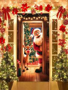 1 bandeira decorativa de porta com tema natalino, 78 x 156 cm, estilo retrô plano 2D, tema de boneco de neve, tema de Papai Noel entregando presentes, bandeira de porta de poliéster "Feliz Natal", capa de porta de Natal, adequada para decoração de entrada de feriados de Natal, decoração de casa e quintal de inverno, bandeira de festival de Natal - Multicolorido - Ver 13