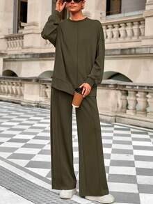 Women Fall 2 Piece Sweatsuit Set  Drawstring Wide Leg Jogger Sweatpants Loose Matching Lounge Sets Sport Airport Tracksuit Outfits - 軍綠色 - 查看 5
