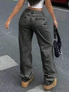 Girl's Casual High Waist Straight Leg Versatile Jeans, Suitable For Outings - Black - View 2