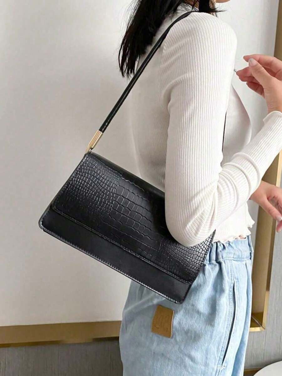 Túi đeo vai nắp gập thời trang họa tiết da cá sấu dập nổi - màu đen - Xem 1