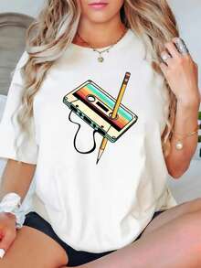 100% Cotton Women'S Retro Cassette Tape Graphic T-Shirt - Black Casual Short Sleeve Tee With Colorful Tape Design, Vintage 80s 90s Style, Perfect For Spring/Summer Parties & Nostalgic Outfits, Vintage T Shirts - White - View 1