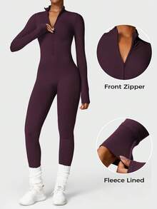 YEOREO Winter Skiwear  Fall Clothes For Women Fleece Long Sleeve Zipper Jumpsuit Zip Up Romper Bottom Pants Bodysuit Bodycon Sexy One Piece Fabric Spandex Tops Stretchy Flexible Bodysuit - Nho tím - Xem 4