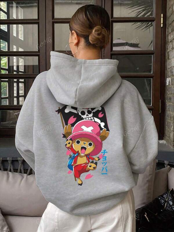 ONE PIECE Sudadera con caída de hombros para mujer, sudadera holgada con curvas, casual con volantes, sudadera con capucha con cordón primaveral y cálida, estilo callejero holgado, parte superior exterior de manga larga, top de algodón para damas, estampado de una pieza