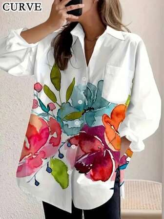 Plus Women's Floral Print With Pocket Long Sleeved Casual Shirt