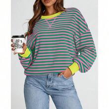 Womens Oversized Striped Sweatshirt Crewneck Long Sleeve Pullover Top Casual Y2K Spring Clothes 2026 Workout Shirt,Vacation Outfits Women,Valentine Outfits For Women,Street Photography - 粉紅綠色 - 查看 5