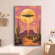1pc Vibrant Retro Sci-Fi Desert Landscape Canvas Wall Art, Mysterious UFO & Full Moon Scene Print For Living Room, Unique Space-Themed Alien Home Decor, Modern Southwest Inspired Artwork For Bedroom - 彩色 - 查看 3