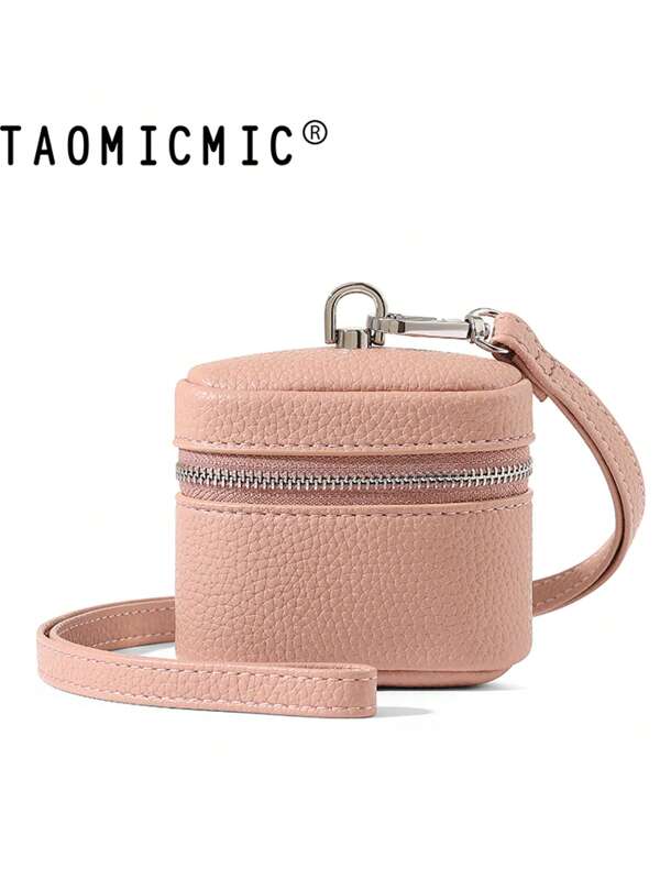 New Women's Halter Coin Purse, High-End Zipper Earphone Pouch, Lipstick Case, Compact Round Wallet, PU Leather, Short Style, Silver