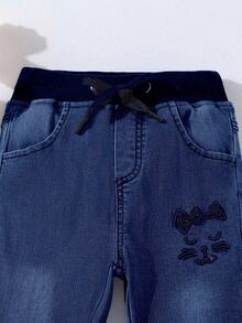 Pantalones largos de mezclilla con cintura elástica y cordón para niñas, adecuados para uso casual, fiestas y todas las estaciones - Azul Marino - Ver 3