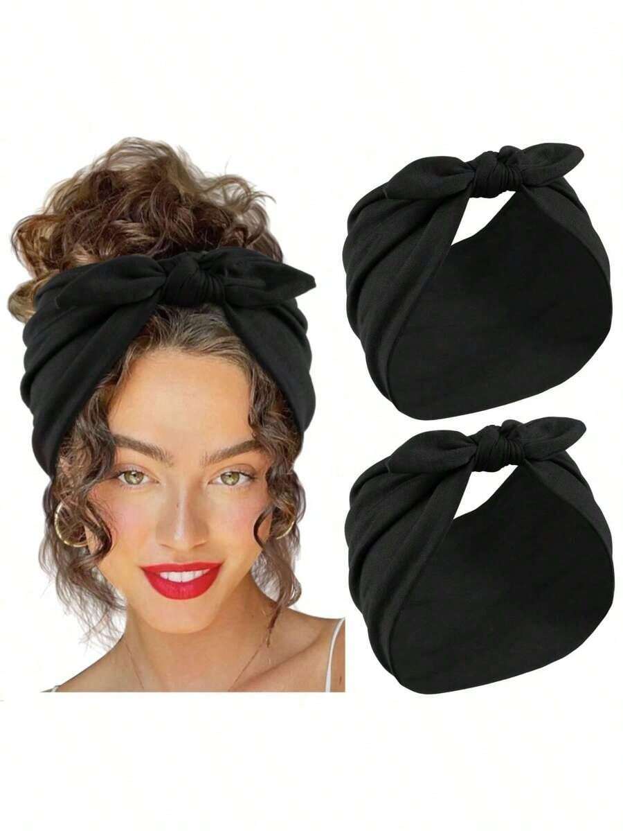 Plain    Polyester    Knot    1pcs Black Bow Design Extra Wide Headbands, Women Non-Slip Headwraps, Hair Accessories Turban For Workout, Made Of Polyester Fiber, Hairband - Màu vàng - Xem 1