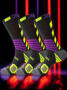 3 Pairs Men's Sports Basketball Socks, Reinforced Toe & Heel, Colorful Striped Design, Suitable For Sports And Daily Wear, Hand Washable, Moisture-Wicking Fabric, Breathable For Outdoor Running, Hiking, Fall - Black - View 7