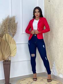 Plus Size Bengaline Lace Blazer With Button Sleeves - Red - View 1