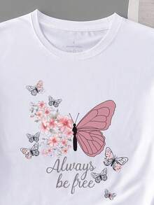 女士休闲蝴蝶印花圆领短袖 T 恤上衣，春夏 - 白色 - 查看 3