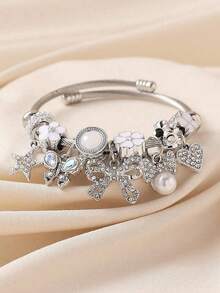 1 chiếc vòng tay hạt cườm màu hồng và trắng thủ công sang trọng thanh lịch với mặt sao, trái tim, bướm và hoa, vòng tay mở tự làm có thể điều chỉnh và tháo rời, thích hợp cho phụ nữ, làm quà tặng, dự tiệc, mặc thường ngày - Bạc - Xem 7