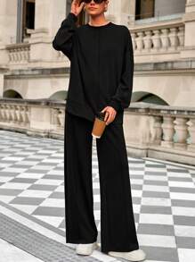 Women Fall 2 Piece Sweatsuit Set  Drawstring Wide Leg Jogger Sweatpants Loose Matching Lounge Sets Sport Airport Tracksuit Outfits - Black - View 5