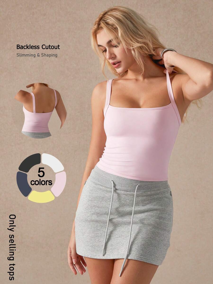 NcmRyu 1pc Women's Sexy High Elasticity Racerback Sports Camisole With Chest Pads - Pink - View 1